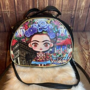 Frida Kahlo Women’s Faux Leather Black Crossbody Bag Floral and Artistic Design